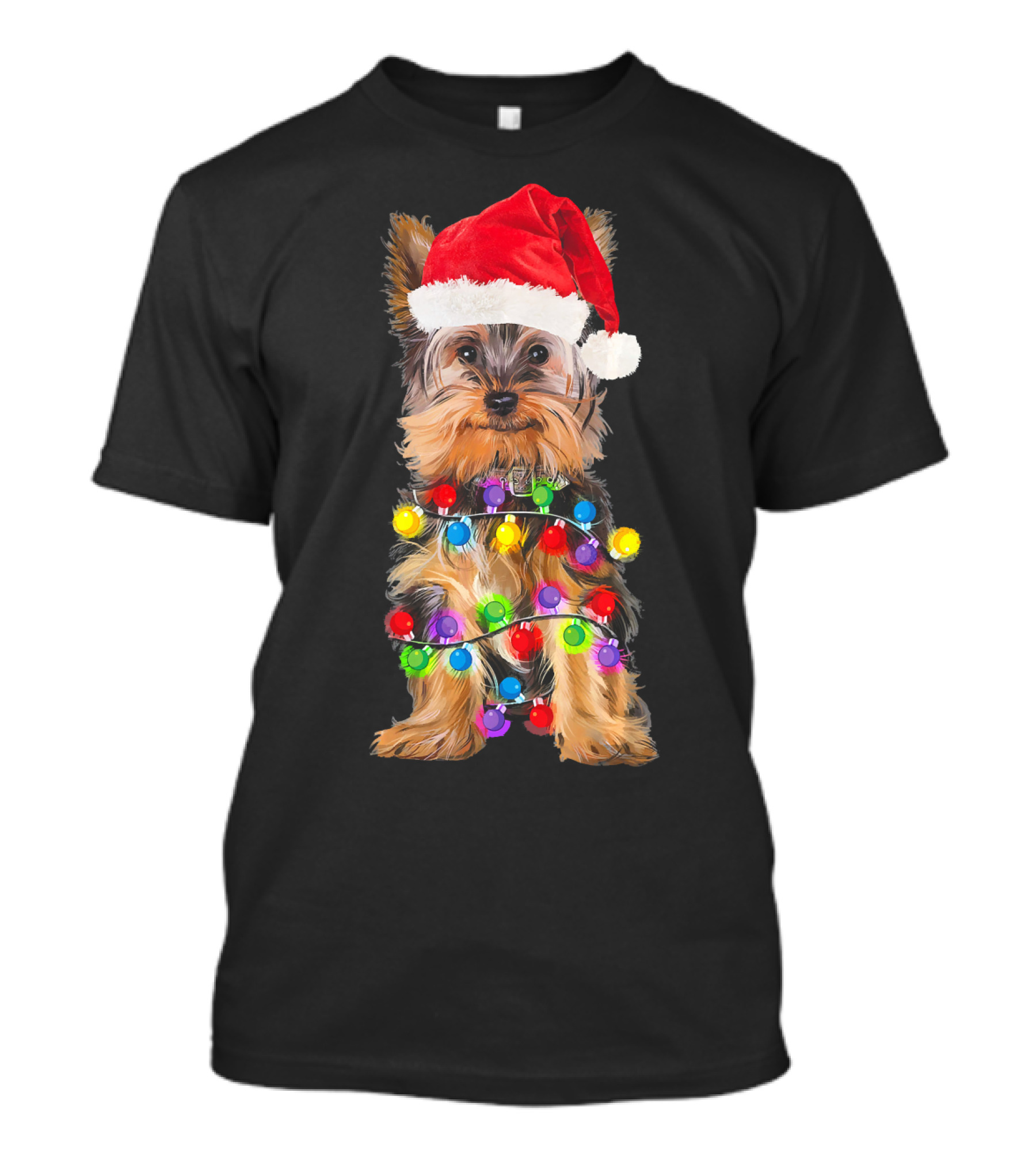 Yorkshire Christmas Yorkie In Santa Hat With Festive Lights T-Shirt