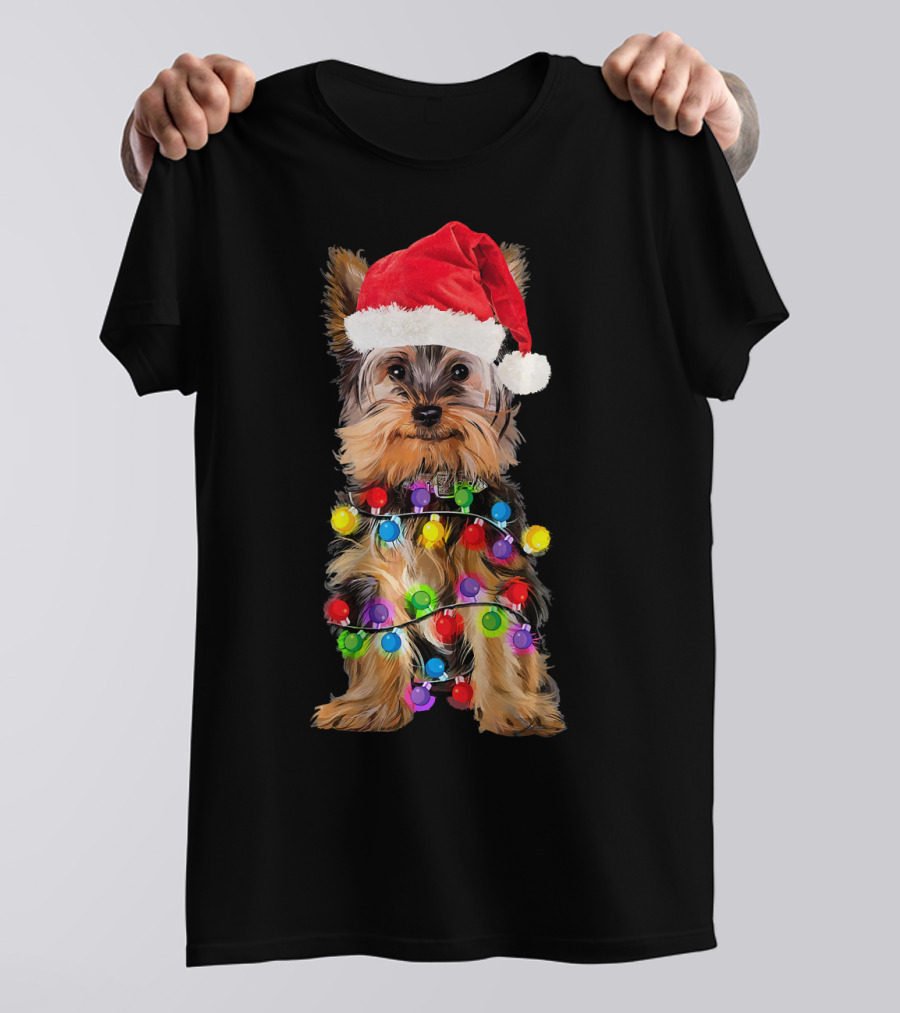 Yorkshire Christmas Yorkie In Santa Hat With Festive Lights T-Shirt