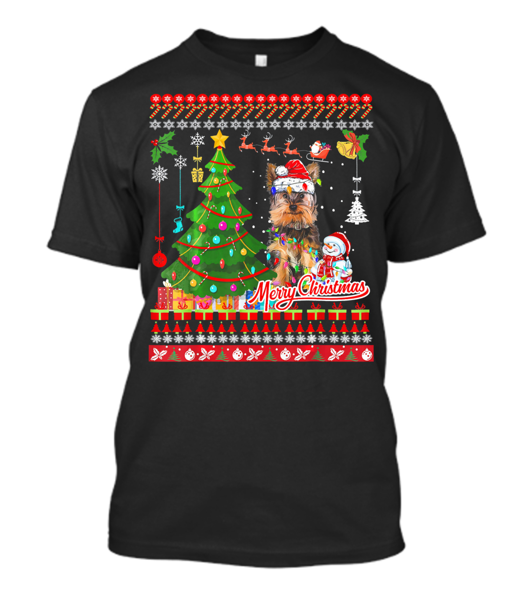 Merry Christmas Yorkshire Terrier Santa Hat Christmas Tree Snowman T-Shirt