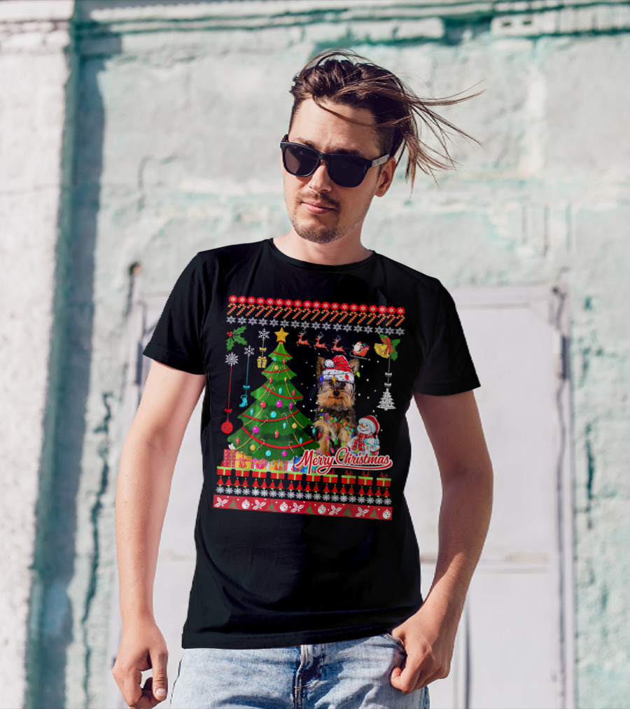 Merry Christmas Yorkshire Terrier Santa Hat Christmas Tree Snowman T-Shirt