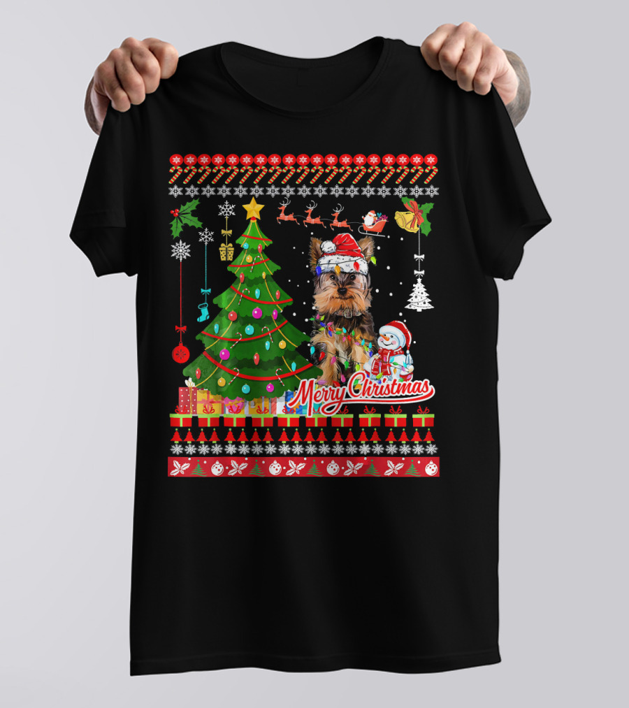 Merry Christmas Yorkshire Terrier Santa Hat Christmas Tree Snowman T-Shirt