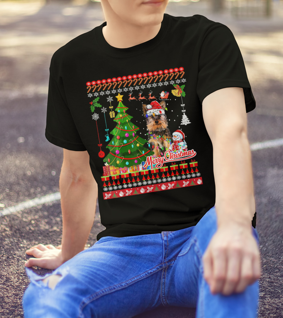 Merry Christmas Yorkshire Terrier Santa Hat Christmas Tree Snowman T-Shirt
