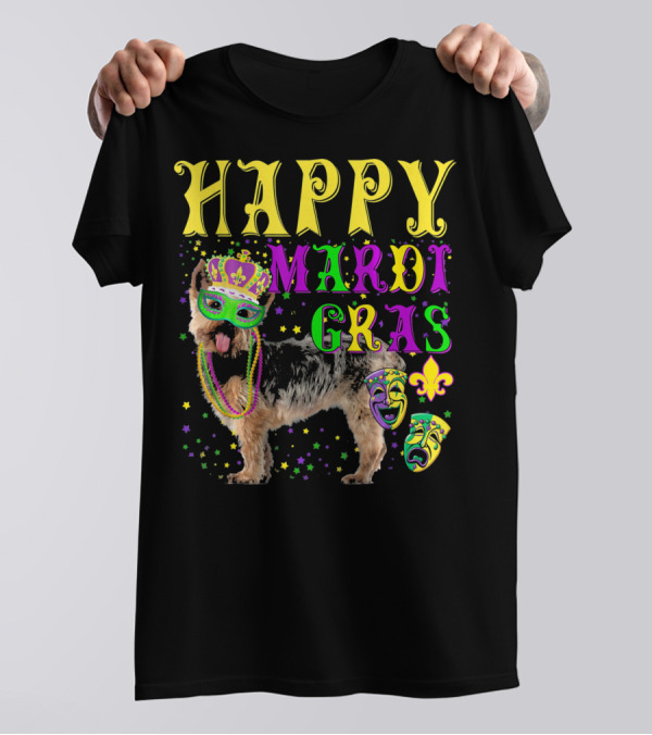 Happy Mardi Gras Yorkshire Dog Beads And Masks Fleur-De-Lis T-Shirt