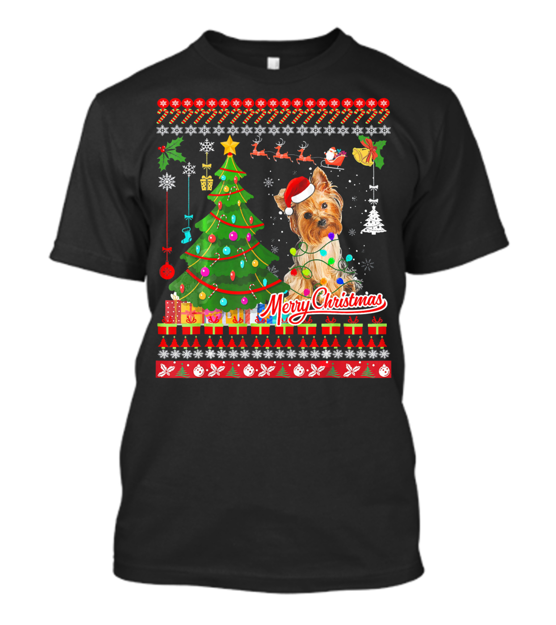 Merry Christmas Yorkshire Terrier Dog With Tree And Lights T-Shirt