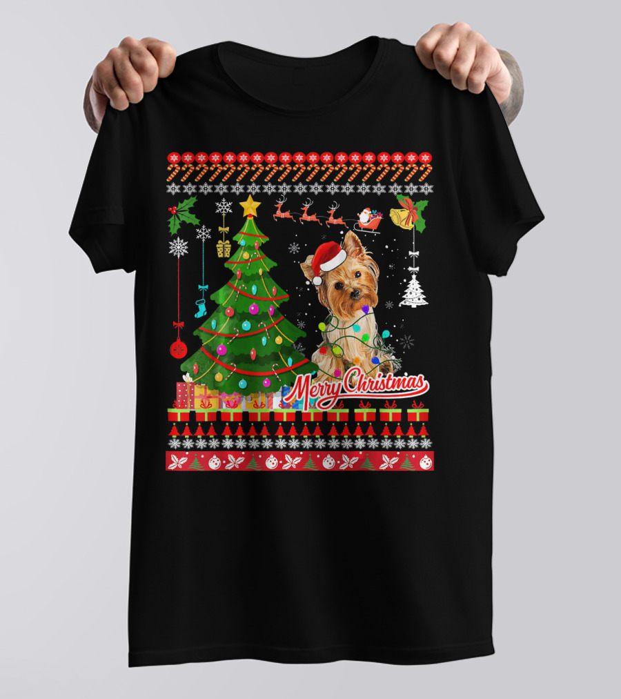 Merry Christmas Yorkshire Terrier Dog With Tree And Lights T-Shirt