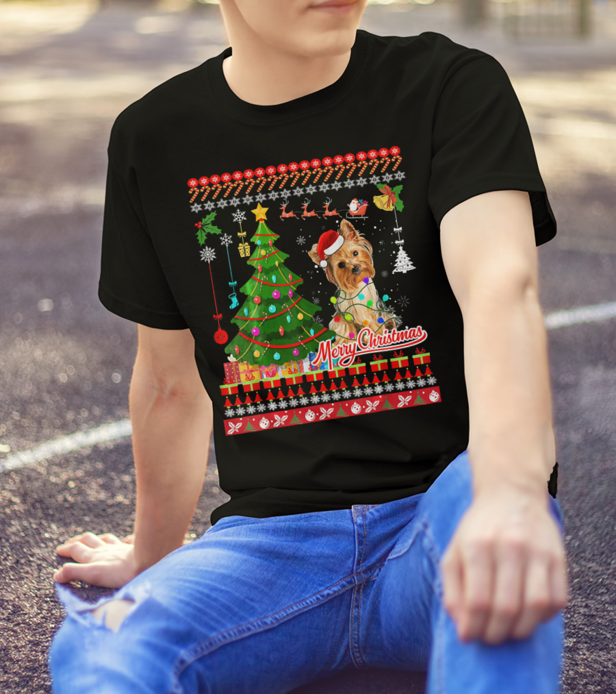 Merry Christmas Yorkshire Terrier Dog With Tree And Lights T-Shirt