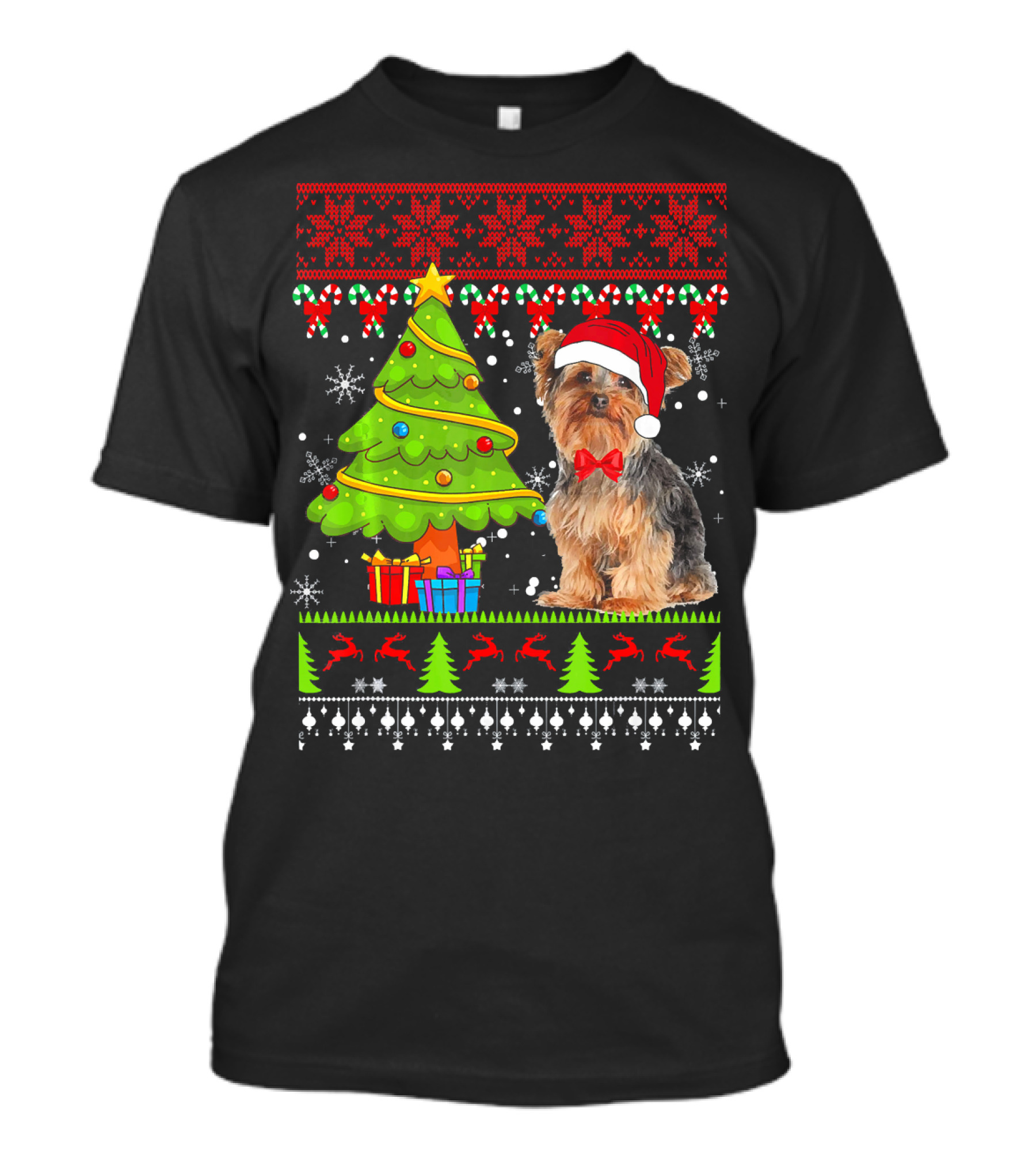 Yorkshire Terrier Christmas Sweater With Tree And Snowflakes T-Shirt