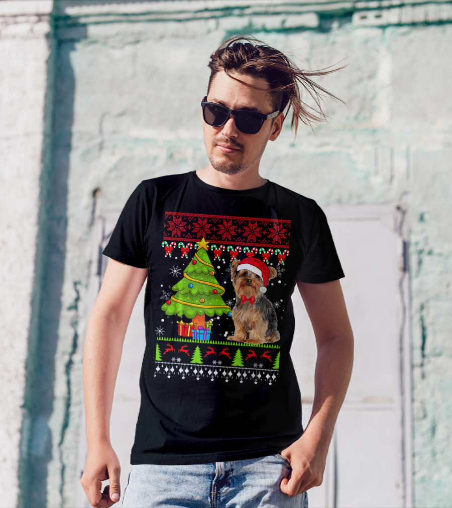 Yorkshire Terrier Christmas Sweater With Tree And Snowflakes T-Shirt