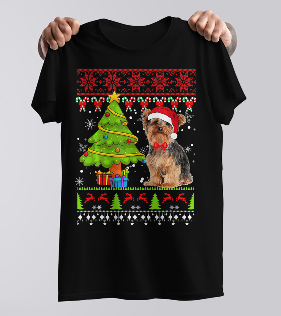 Yorkshire Terrier Christmas Sweater With Tree And Snowflakes T-Shirt