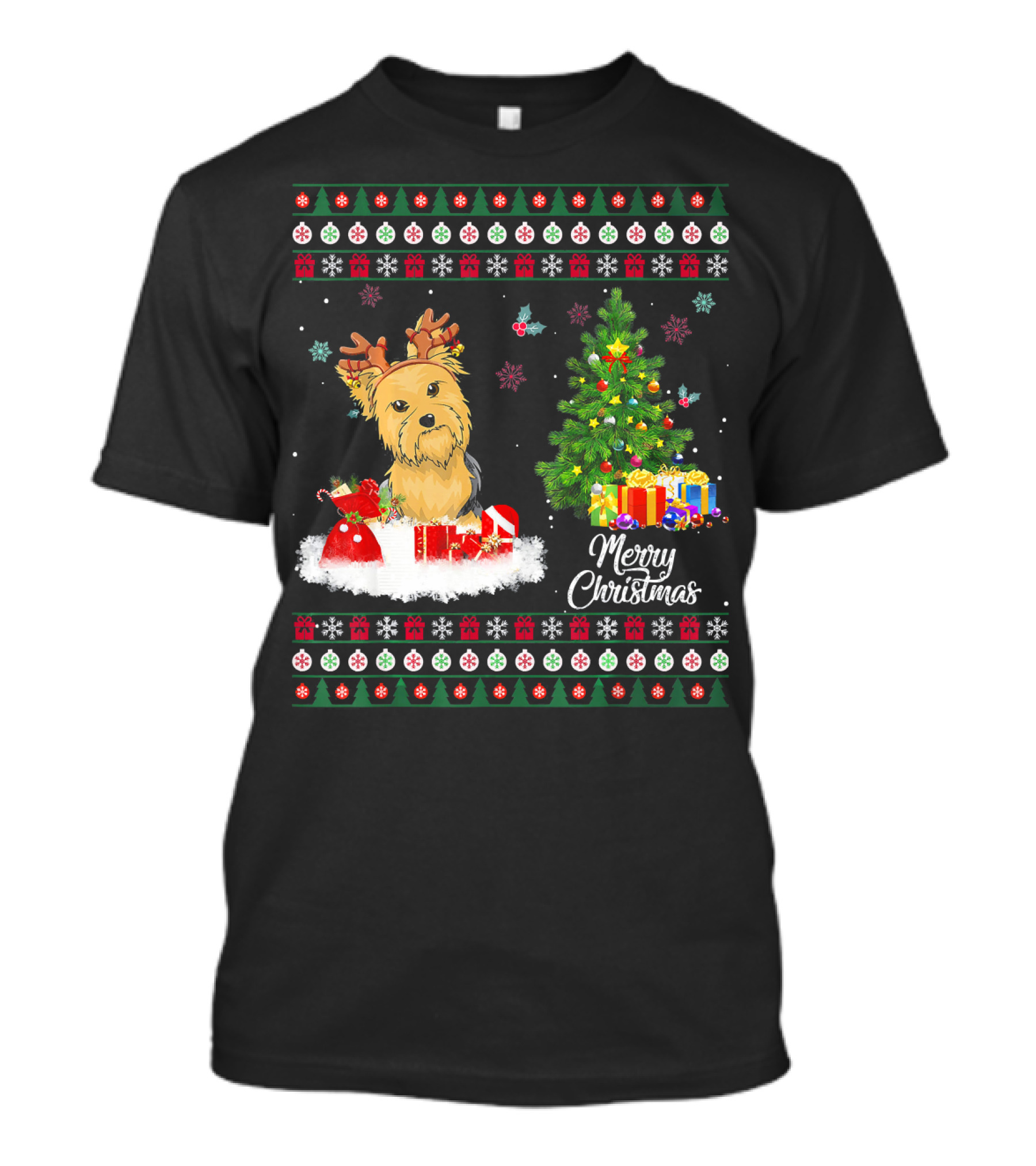 Merry Christmas Yorkshire Terrier Funny Reindeer With Presents And Christmas Tree T-Shirt