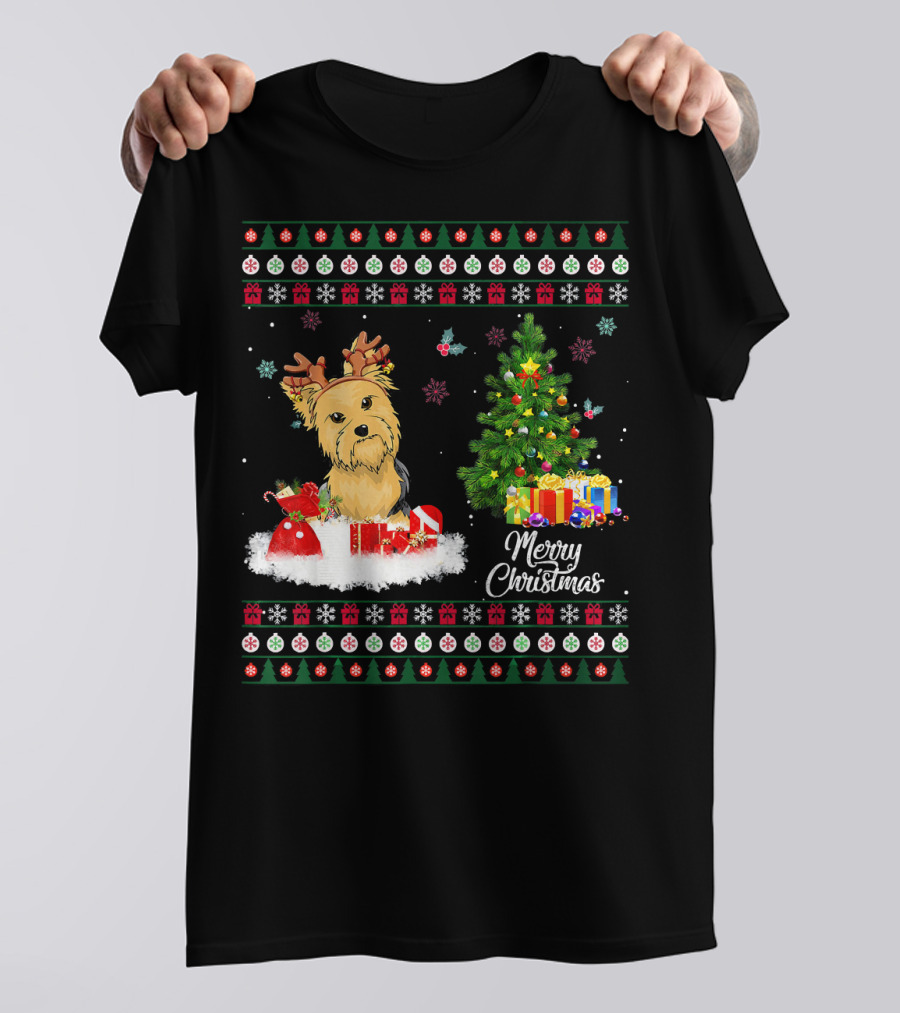 Merry Christmas Yorkshire Terrier Funny Reindeer With Presents And Christmas Tree T-Shirt