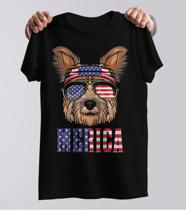 Yorkie Merica American Flag Sunglasses And Bandana T-Shirt