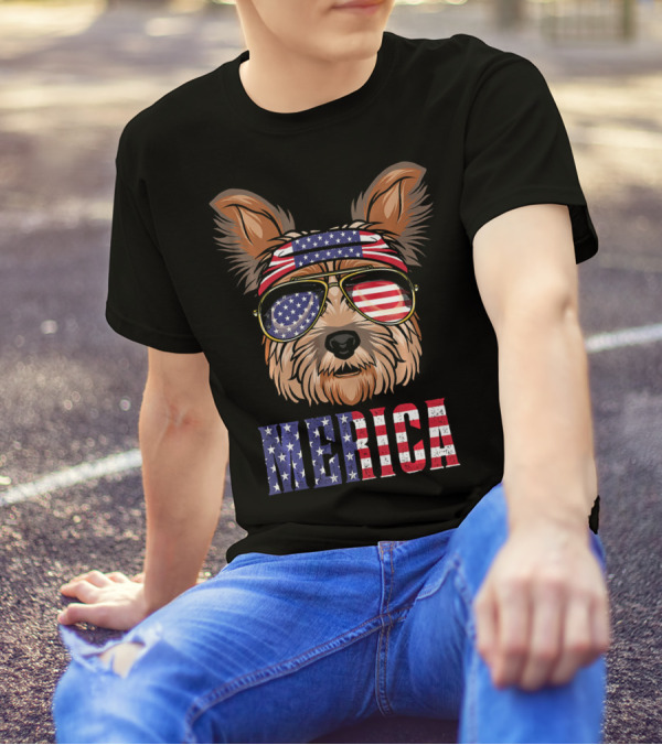 Yorkie Merica American Flag Sunglasses And Bandana T-Shirt