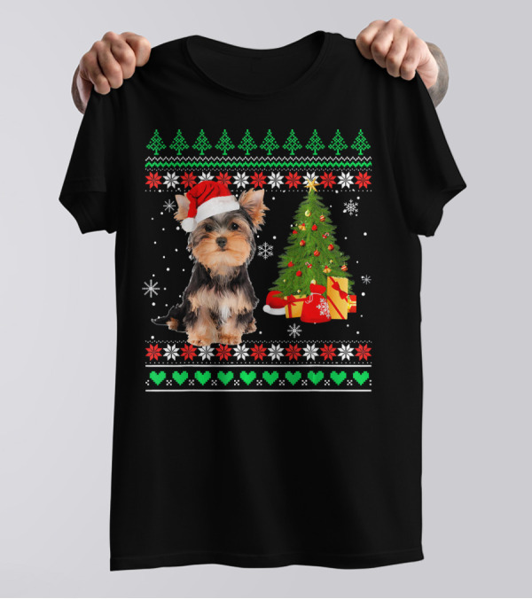 Yorkshire Terrier Santa Hat And Christmas Tree Festive T-Shirt