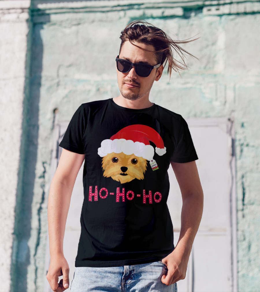 Yorkshire Terrier With Santa Hat Ho Ho Ho Xmas T-Shirt