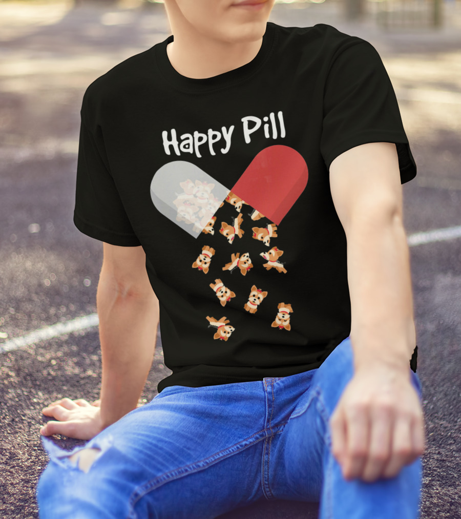 Yorkshire Terrier Dog Happy Pill Capsule With Puppies T-Shirt