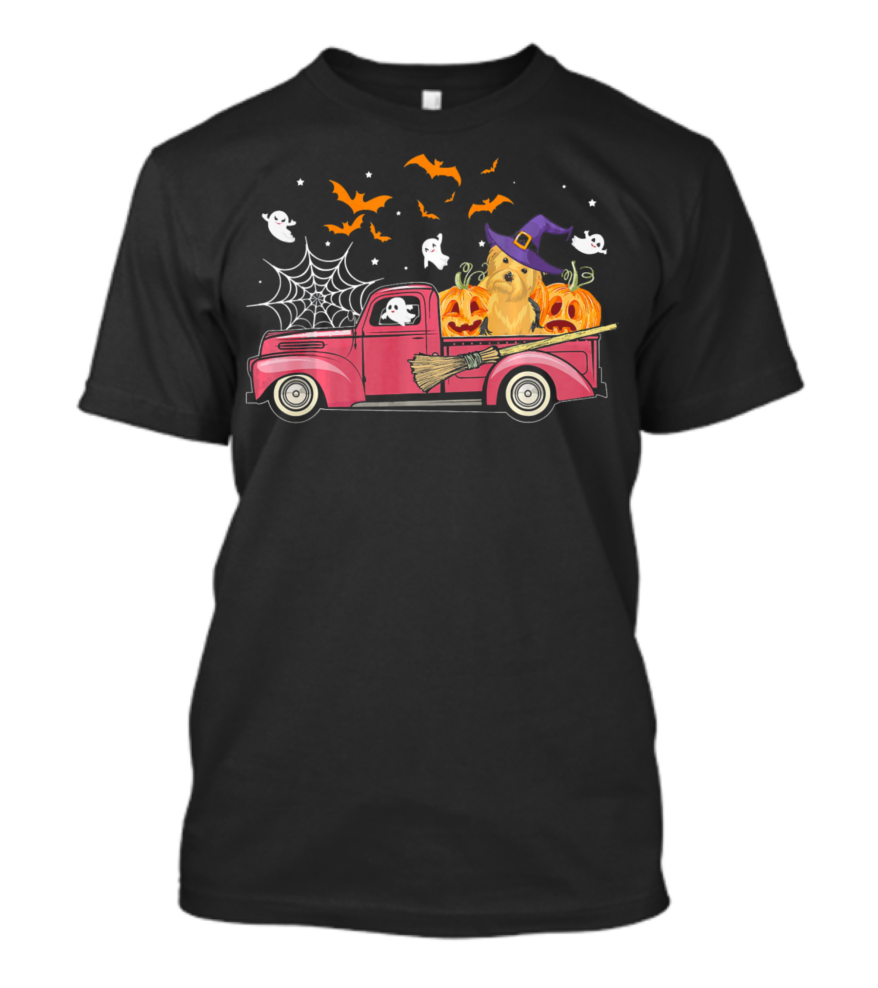 Yorkie Witch On Red Truck With Pumpkins And Halloween Ghosts T-Shirt