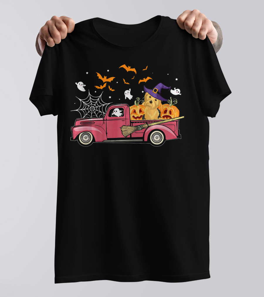 Yorkie Witch On Red Truck With Pumpkins And Halloween Ghosts T-Shirt