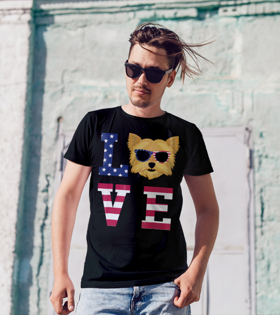 Love Yorkshire Terrier Yorkie Dog American Flag T-Shirt