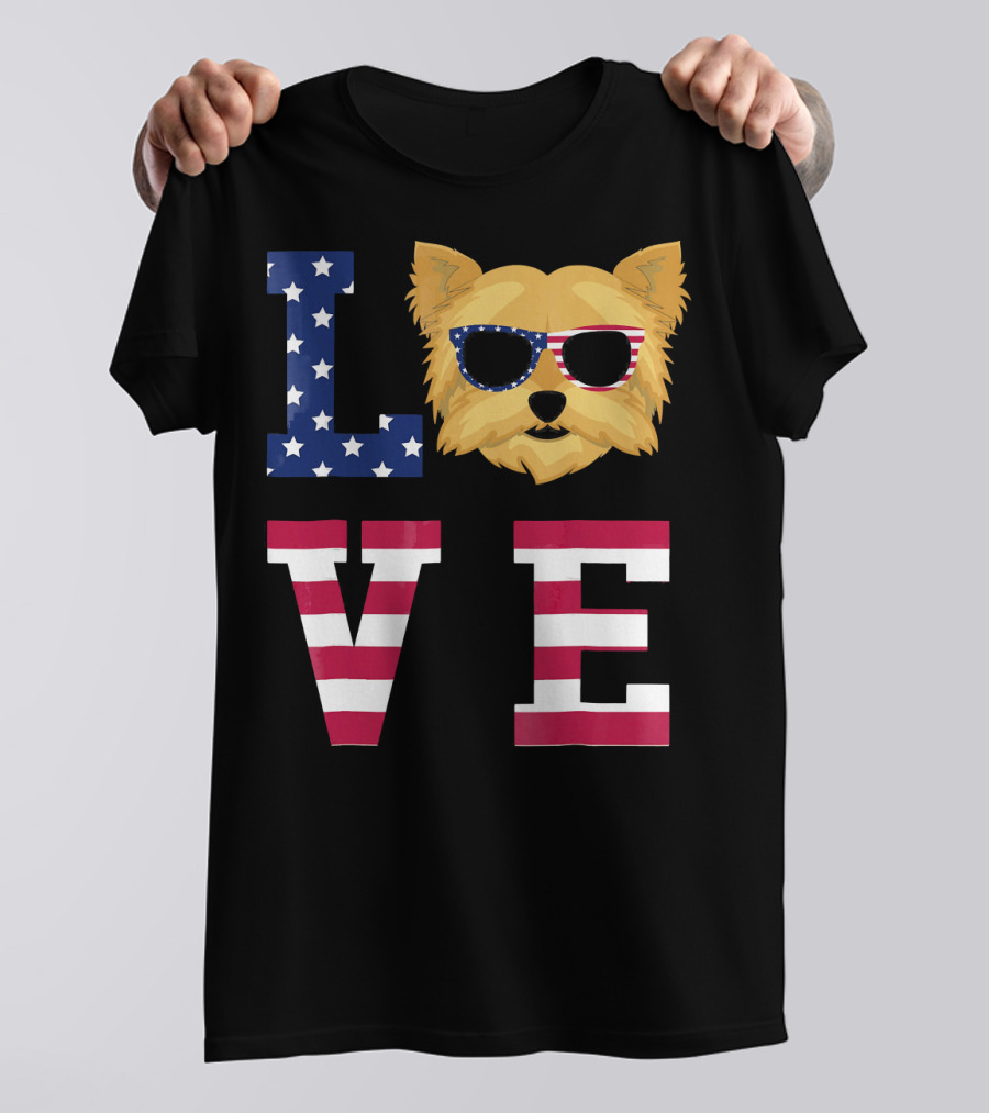 Love Yorkshire Terrier Yorkie Dog American Flag T-Shirt