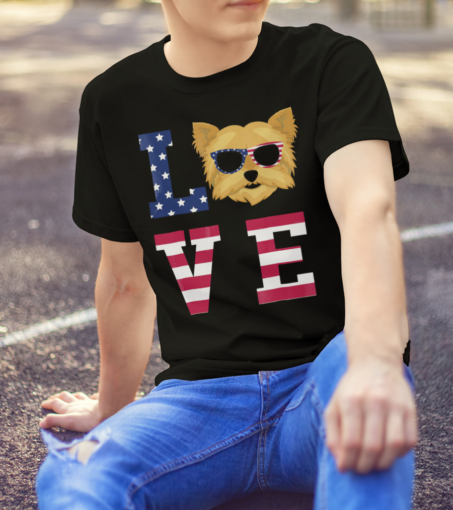 Love Yorkshire Terrier Yorkie Dog American Flag T-Shirt