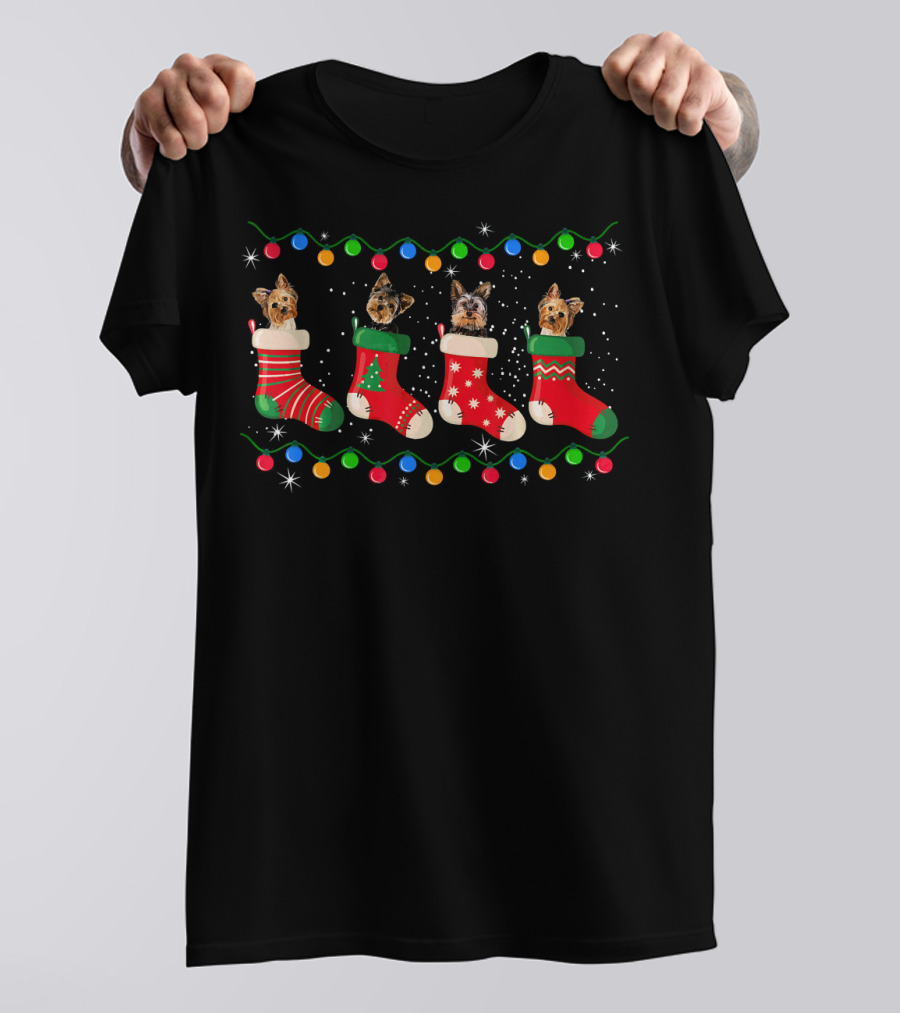 Yorkie Christmas Stockings With Festive Lights Decor T-Shirt