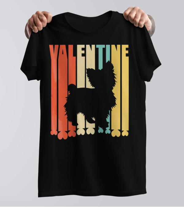 Yorkshire Dog Silhouette Retro Valentine Stripes T-Shirt