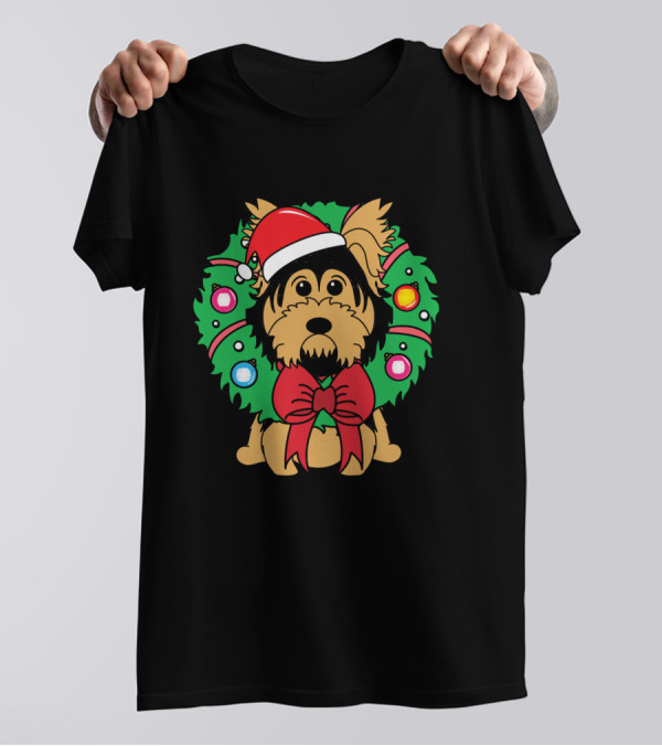 Yorkshire Terrier Christmas Wreath Santa Hat T-Shirt