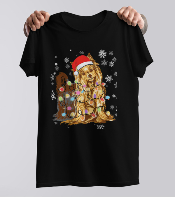 Yorkshire Terrier Christmas Lights Snowflakes Santa Hat T-Shirt
