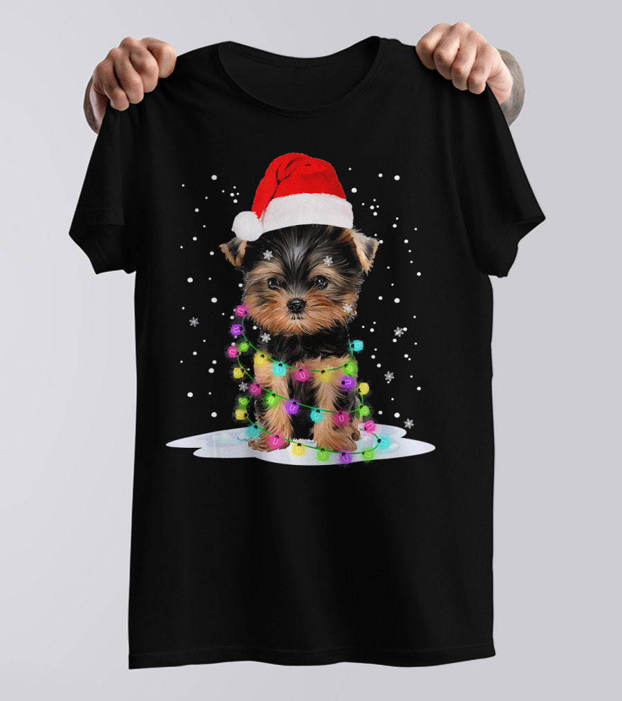 Yorkshire Terrier In Santa Hat With Christmas Lights And Snowflakes T-Shirt