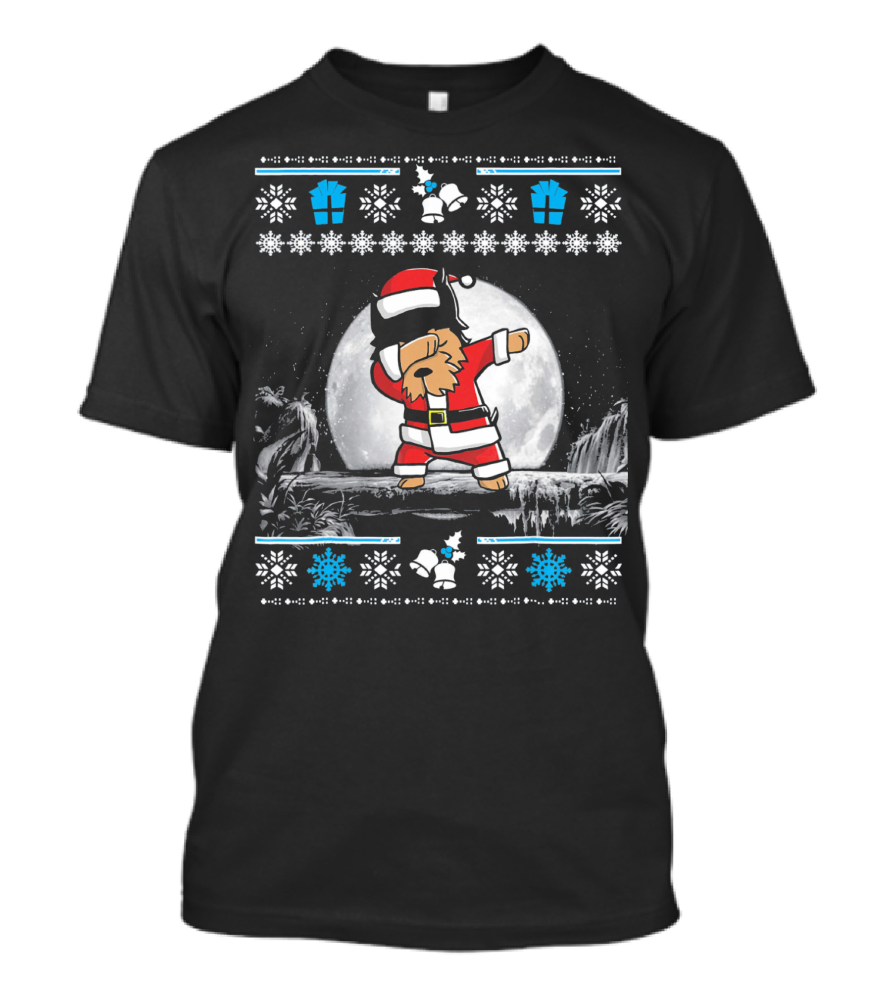 Yorkshire Terrier Dog Santa Claus Dabbing Christmas Moon Festive Scene Snowflakes And Gifts T-Shirt