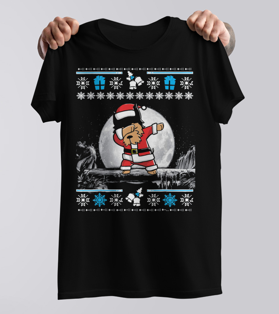 Yorkshire Terrier Dog Santa Claus Dabbing Christmas Moon Festive Scene Snowflakes And Gifts T-Shirt