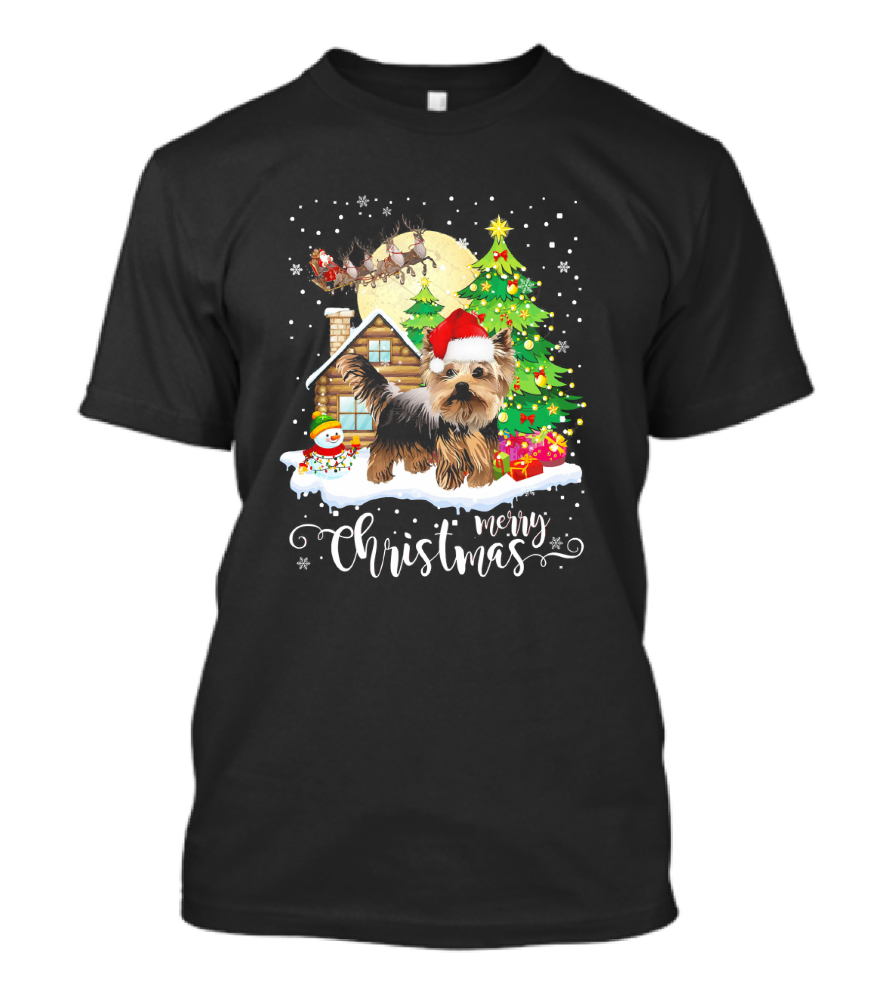 Merry Christmas Yorkshire Terrier With Santa Hat And Festive Snowy Cabin Scene T-Shirt