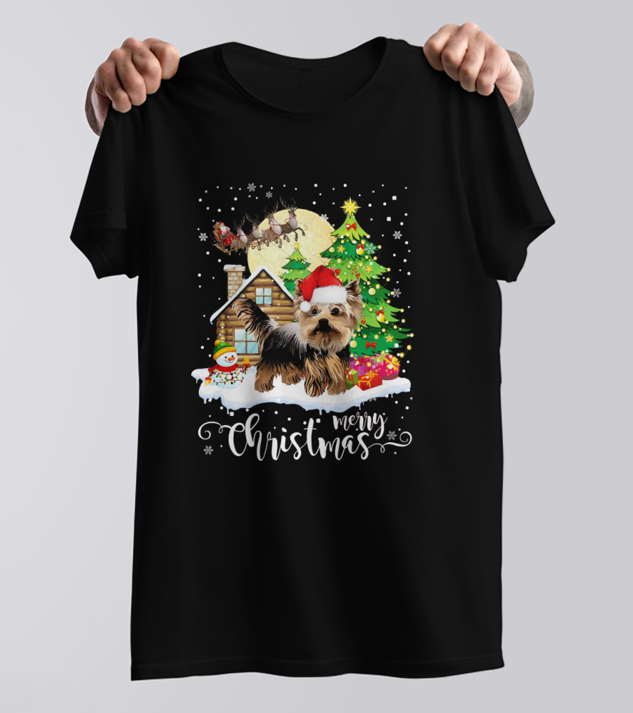 Merry Christmas Yorkshire Terrier With Santa Hat And Festive Snowy Cabin Scene T-Shirt