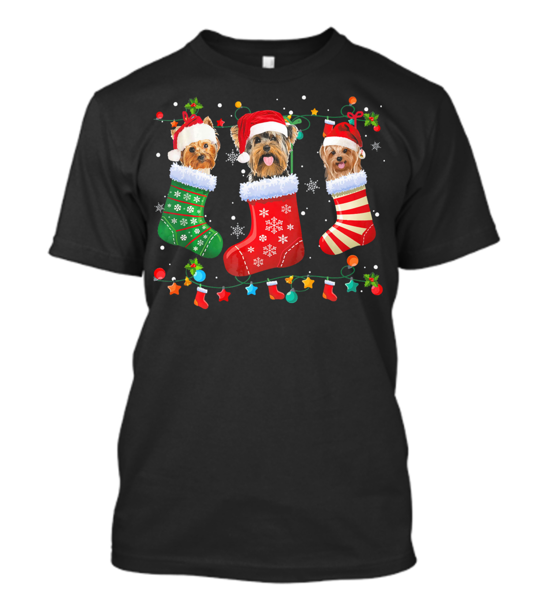 Yorkshire Terrier Dogs In Christmas Santa Hats And Festive Stockings T-Shirt