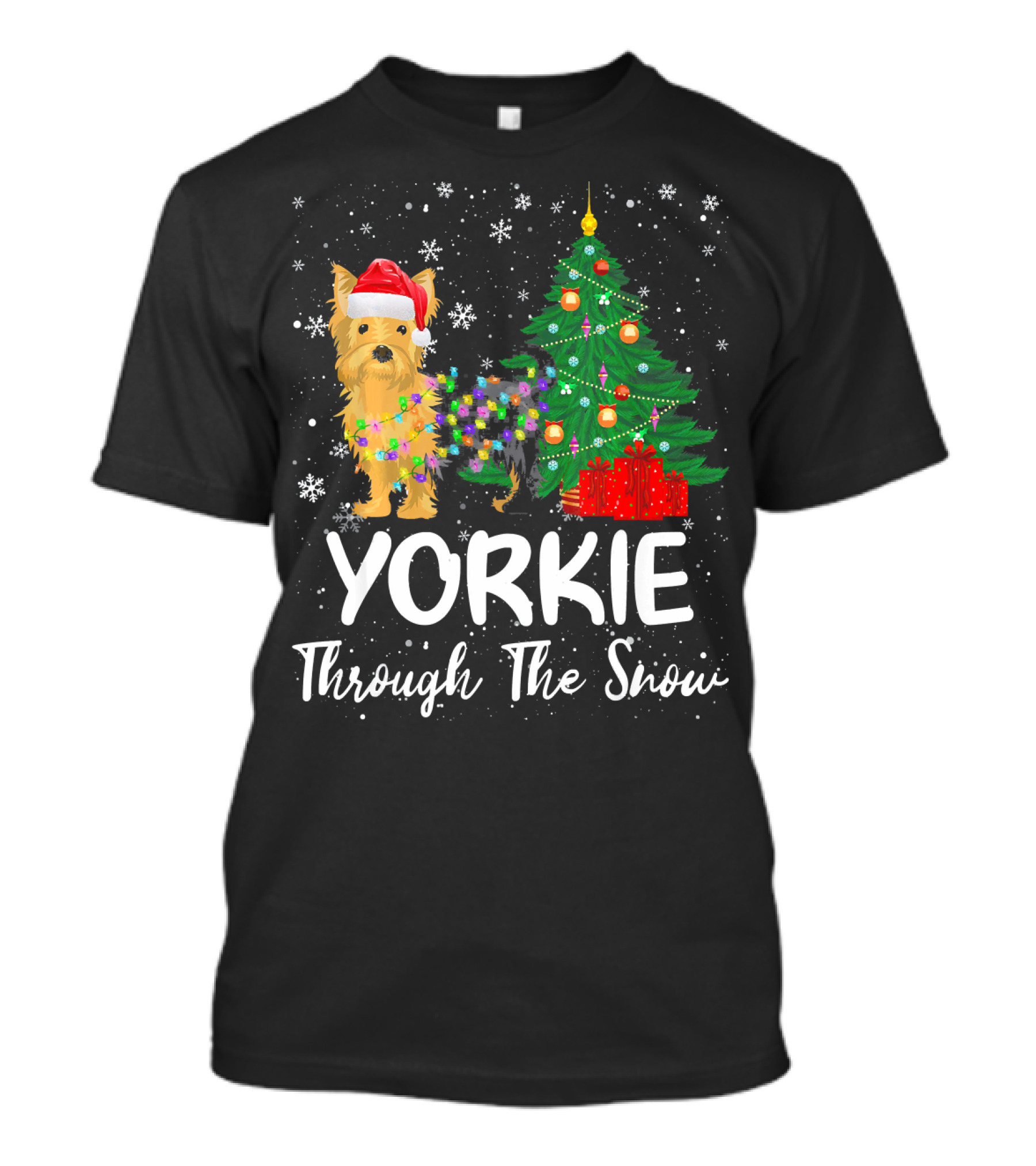 YORKIE Through The Snow Christmas Tree Santa Hat Snowflakes T-Shirt