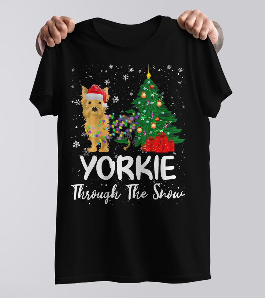 YORKIE Through The Snow Christmas Tree Santa Hat Snowflakes T-Shirt