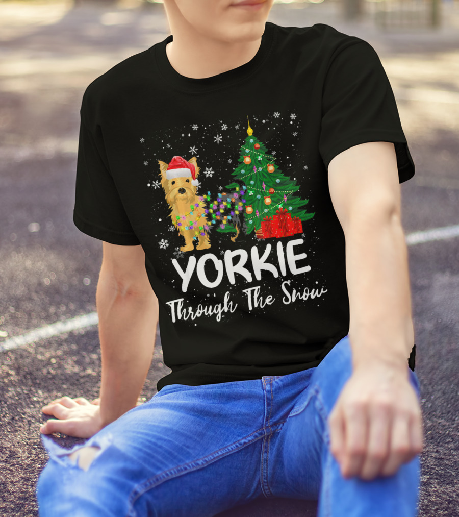 YORKIE Through The Snow Christmas Tree Santa Hat Snowflakes T-Shirt