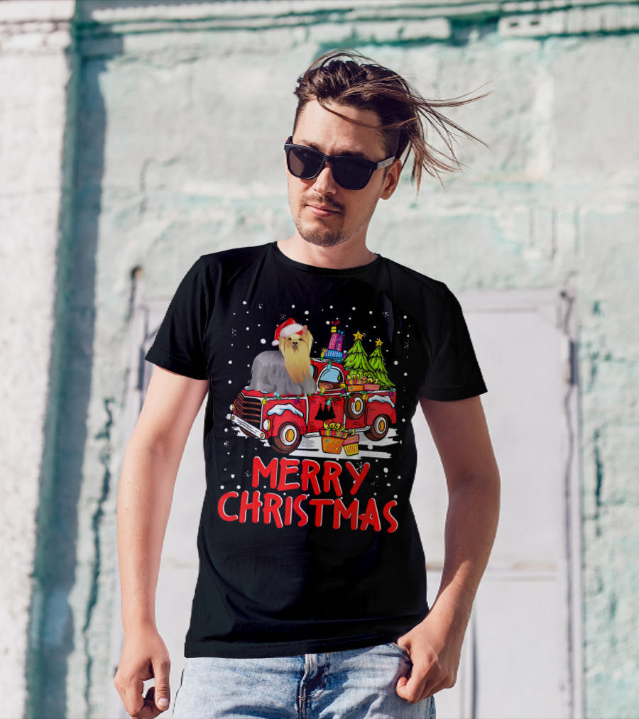 Yorkshire Terrier Rides Red Truck Merry Christmas T-Shirt