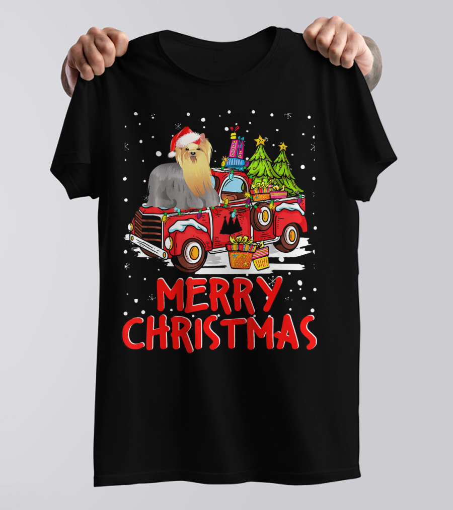 Yorkshire Terrier Rides Red Truck Merry Christmas T-Shirt