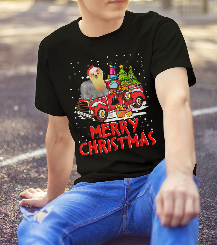 Yorkshire Terrier Rides Red Truck Merry Christmas T-Shirt
