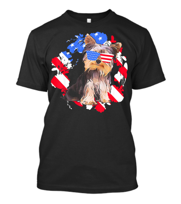 Cute Patriotic Yorkie Owner With American Flag Glasses T-Shirt