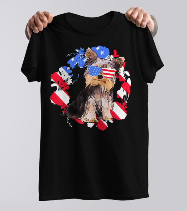 Cute Patriotic Yorkie Owner With American Flag Glasses T-Shirt