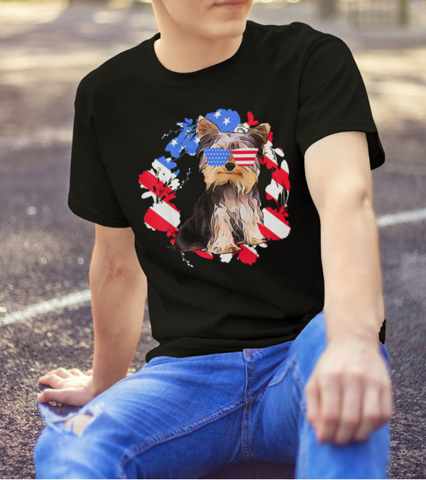 Cute Patriotic Yorkie Owner With American Flag Glasses T-Shirt