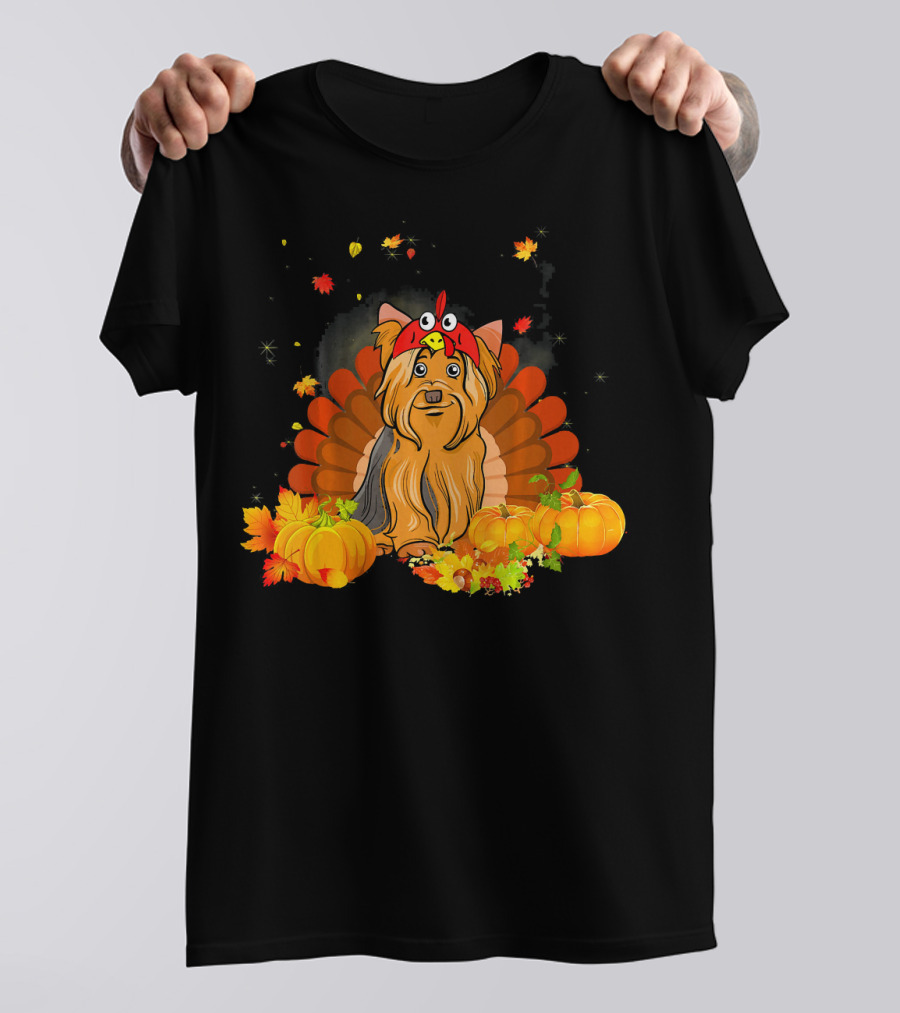 Yorkshire Terrier Turkey Funny Dog With Pumpkins And Autumn Leaves T-Shirt