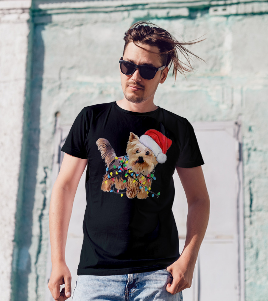 Yorkie Christmas Santa Hat With Holiday Lights T-Shirt