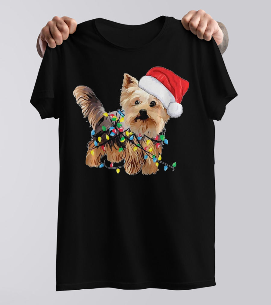 Yorkie Christmas Santa Hat With Holiday Lights T-Shirt