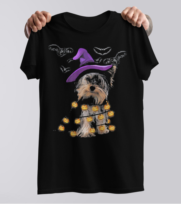 Yorkie Pumpkin Lights And Purple Witch Hat With Bats T-Shirt