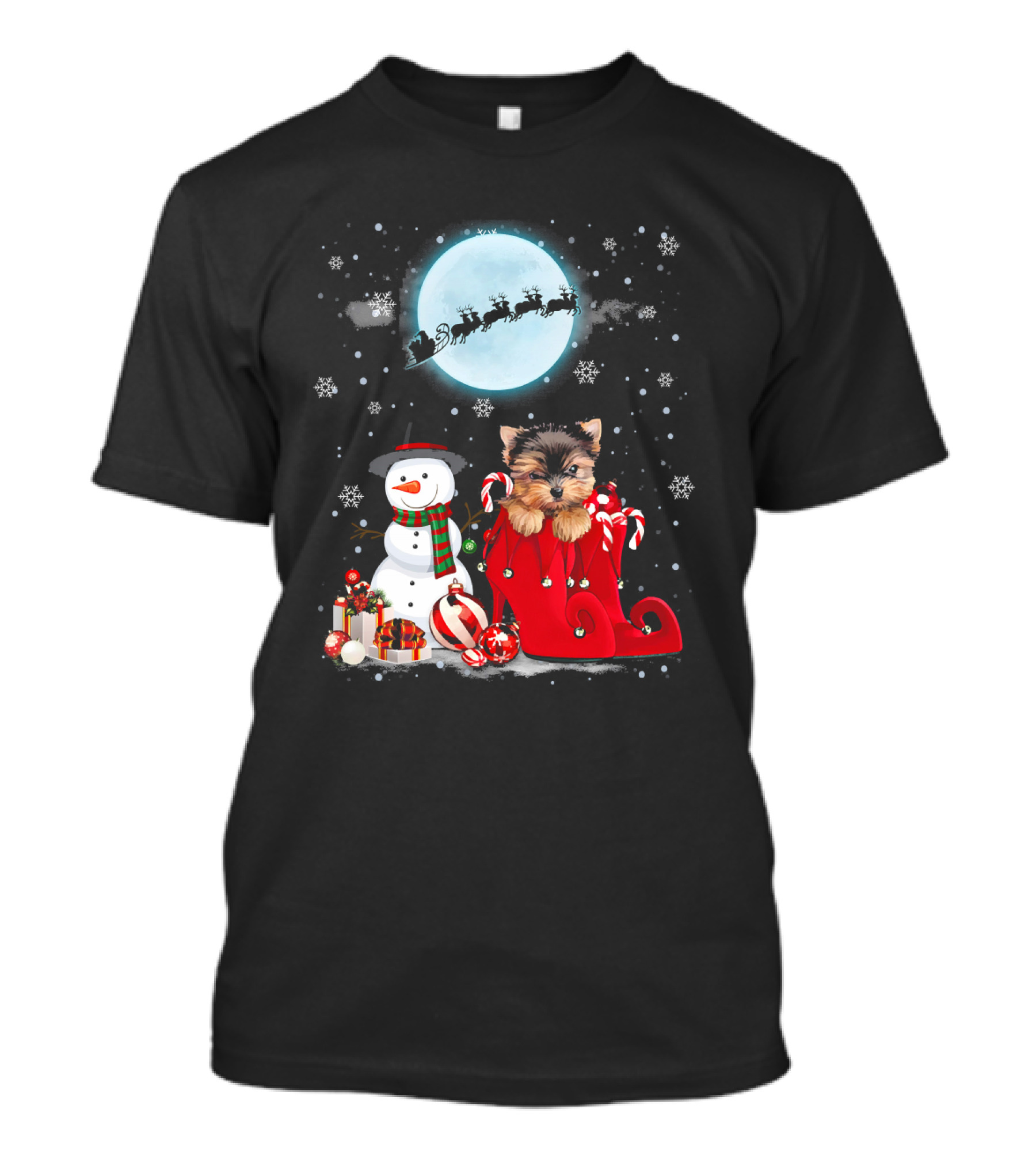 Yorkie Terrier Santa Hat Snowman Sleigh Gifts Full Moon T-Shirt