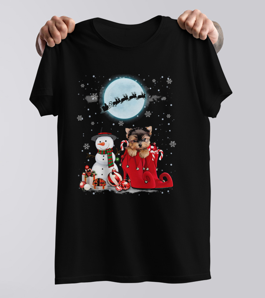 Yorkie Terrier Santa Hat Snowman Sleigh Gifts Full Moon T-Shirt
